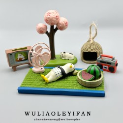 夏日悠哉西瓜擺件桌面可愛電風扇模型迷你微景觀造景小玩偶日式女