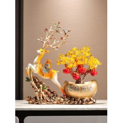 新中式高顏值麋鹿擺件帶元寶盆老板辦公桌面家居電視柜玄關裝飾品